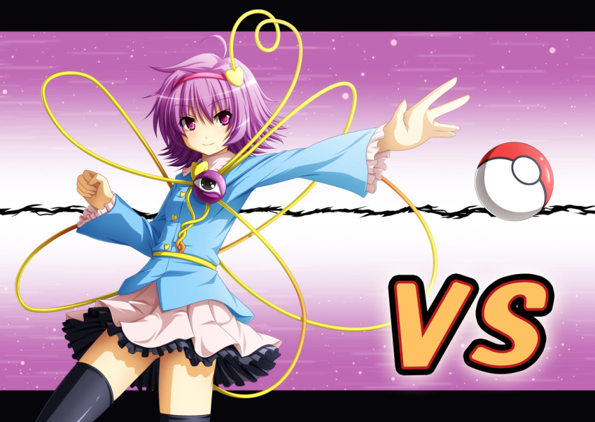 1girl, akashio_(loli_ace), hairband, heart, komeiji_satori, parody, poke_ball, pokemon