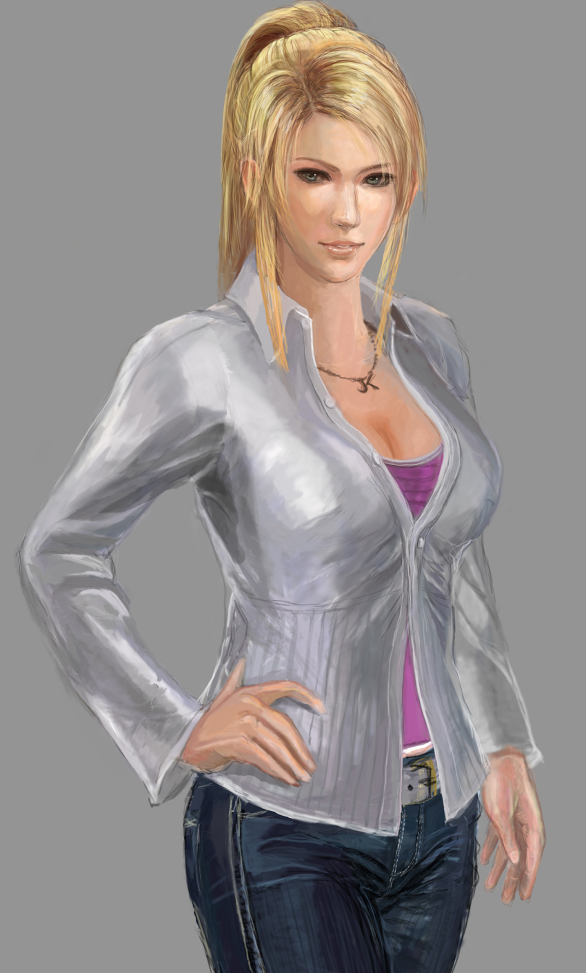 1girl, belt, blonde_hair, blue_eyes, breasts, camisole, casual, cleavage