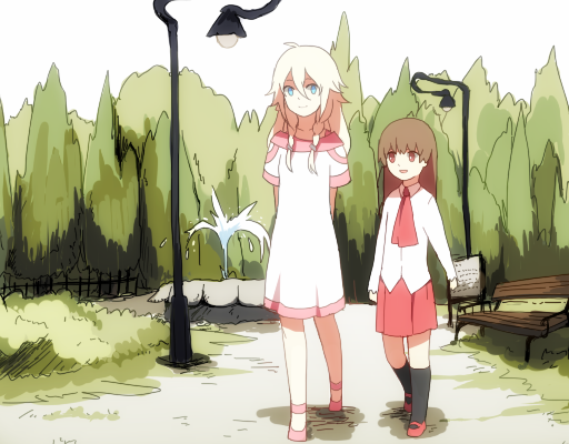2girls, bench, blonde_hair, blue_eyes, braid, brown_eyes, brown_hair, dress