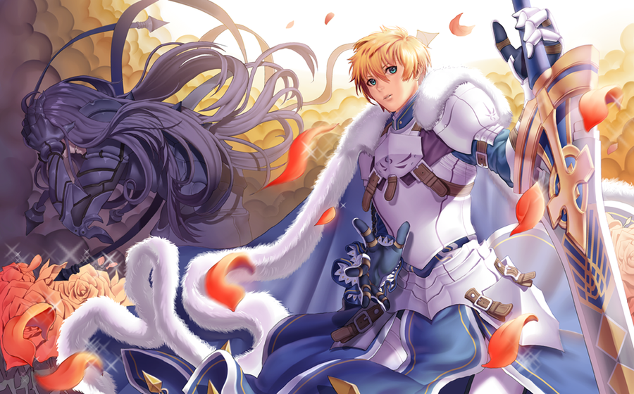 2boys, armor, berserker_(fate/zero), blonde_hair, cape, excalibur_(fate/prototype), fate/prototype, fate/zero, fate_(series), flower, green_eyes, long_hair, multiple_boys, petals, pisshine, planted_sword, planted_weapon, purple_hair, rose, saber_(fate/prototype), sword, weapon