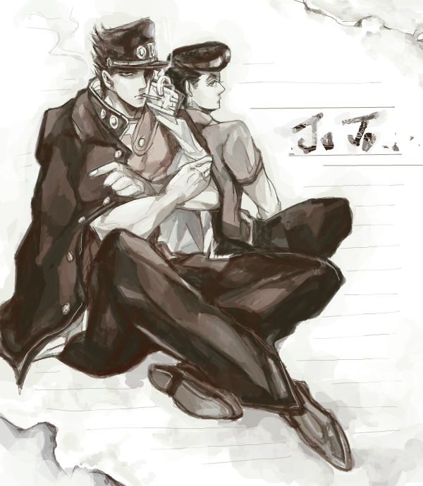 2boys, black_hair, chain, dekopin08, gakuran, hat, higashikata_jousuke, jacket_on_shoulders, jojo_no_kimyou_na_bouken, kuujou_joutarou, multiple_boys, pompadour, school_uniform