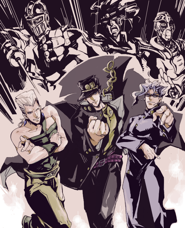3boys, blue_hair, dekopin08, drawr, hat, hierophant_green, jean_pierre_polnareff, jojo_no_kimyou_na_bouken, kakyouin_noriaki, kuujou_joutarou, multiple_boys, silver_chariot, stand_(jojo), star_platinum, sunglasses, white_hair