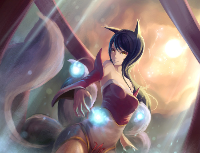1girl, ahri, animal_ears, facial_mark, fox_ears, fox_tail, fukafusa, highres