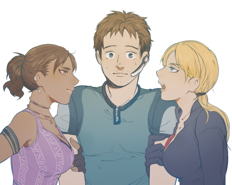 1boy, 2girls, blonde_hair, bodysuit, breasts, brown_hair, canislatrans, chris_redfield