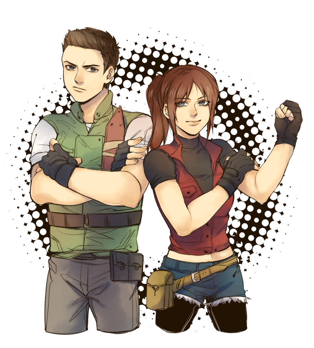1boy, 1girl, blue_eyes, brother_and_sister, brown_hair, canislatrans, chris_redfield, claire_redfield, denim, denim_shorts, fingerless_gloves, gloves, ponytail, resident_evil, resident_evil_2, resident_evil_5, shorts, siblings, vest
