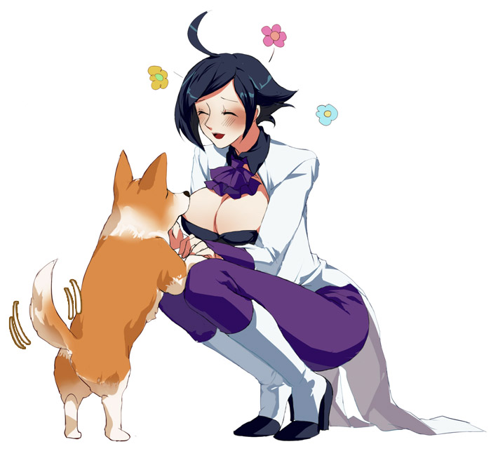 1girl, ahoge, black_hair, boots, breasts, cleavage, closed_eyes, dog