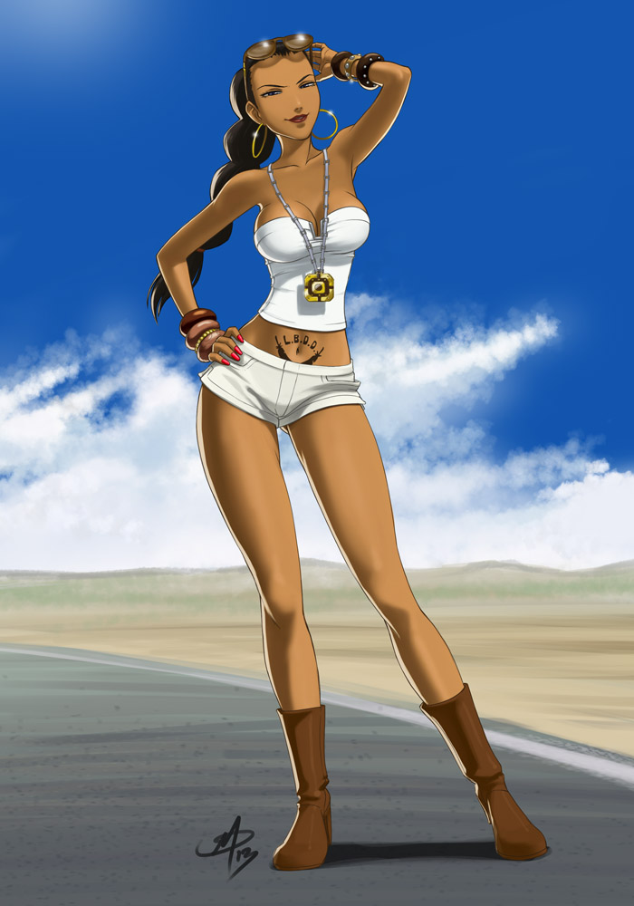 1girl, bangle, bare_shoulders, blue_sky, boots, bracelet, breasts, brown_eyes
