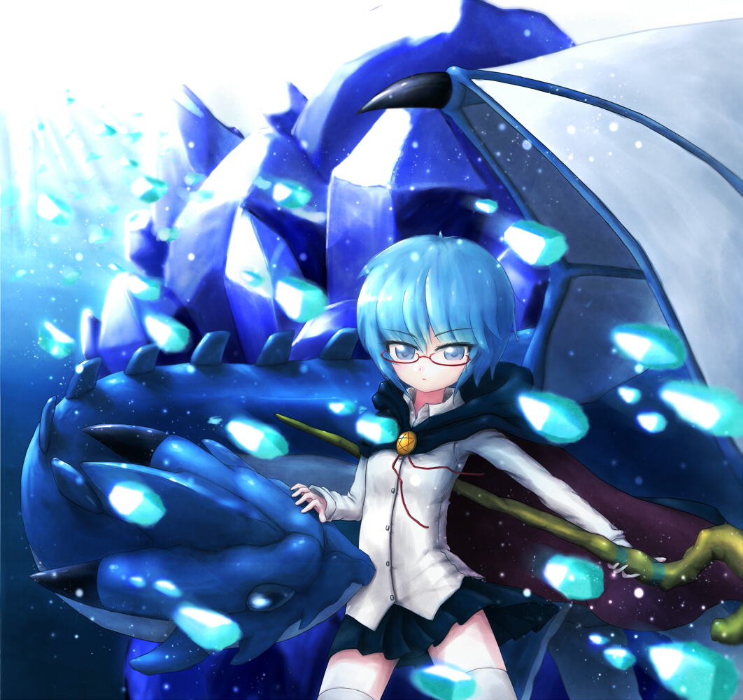 1girl, blue_eyes, blue_hair, cape, dragon, glasses, horns, kikuchi
