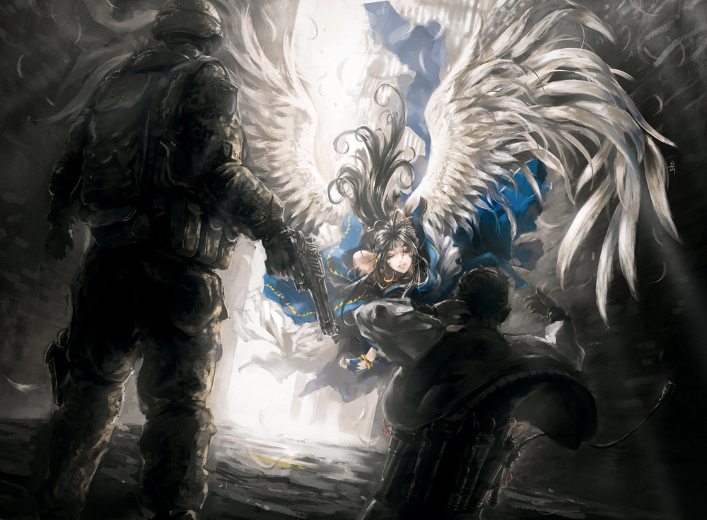 angel, angel_wings, archlich, belldandy, facial_mark, forehead_mark, gun, handgun, military, pistol, soldier, suicide_bomb, weapon, wings