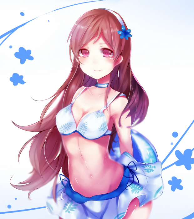 1girl, arms_behind_back, bare_shoulders, bikini_top, breasts, brown_hair, choker, cleavage
