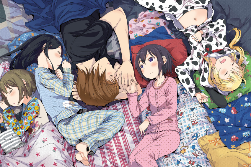 animal_costume, arekusa_mahon, barefoot, black_hair, blonde_hair, blush, brown_hair, dalmatian