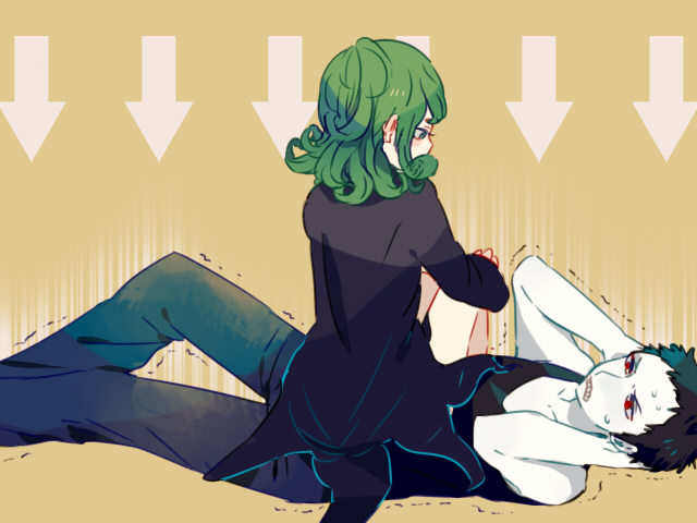 1boy, 1girl, black_dress, black_hair, curly_hair, dress, green_eyes, green_hair, hayakawa, lying, onepunch_man, red_eyes, sitting, tatsumaki, zombieman
