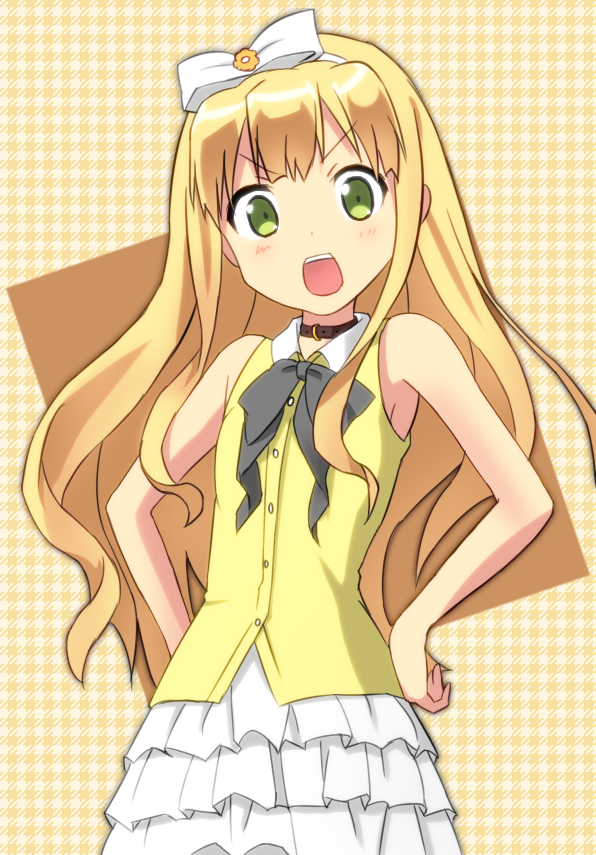 1girl, azuki_azusa, blonde_hair, bow, choker, frills, green_eyes, hair_bow, hairband, hentai_ouji_to_warawanai_neko, long_hair, open_mouth, ruisan, sleeveless, solo