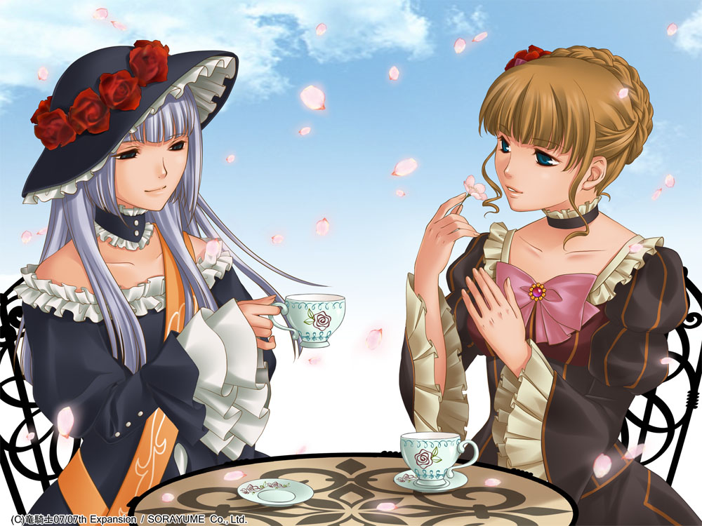 2girls, beatrice, blonde_hair, blue_eyes, bow, chair, cherry_blossoms, choker