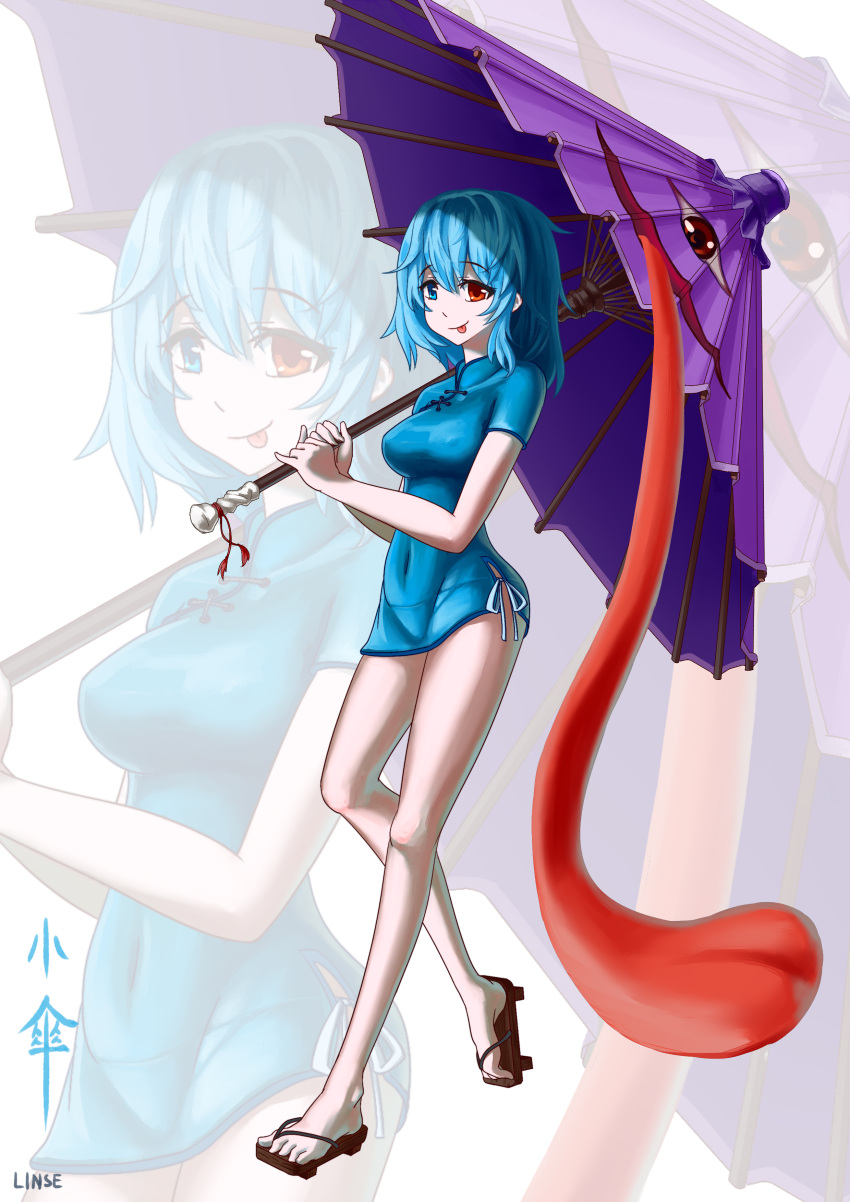 1girl, :p, absurdres, alternate_costume, bare_legs, blue_eyes, blue_hair, breasts, china_dress, chinese_clothes, geta, heterochromia, highres, karakasa_obake, linse, red_eyes, short_hair, smile, solo, tatara_kogasa, tongue, touhou, umbrella
