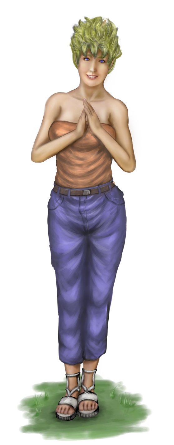 blonde_hair, dragonball, dragonball_z, female, flip-flops, jeans, mrs._briefs, sandals