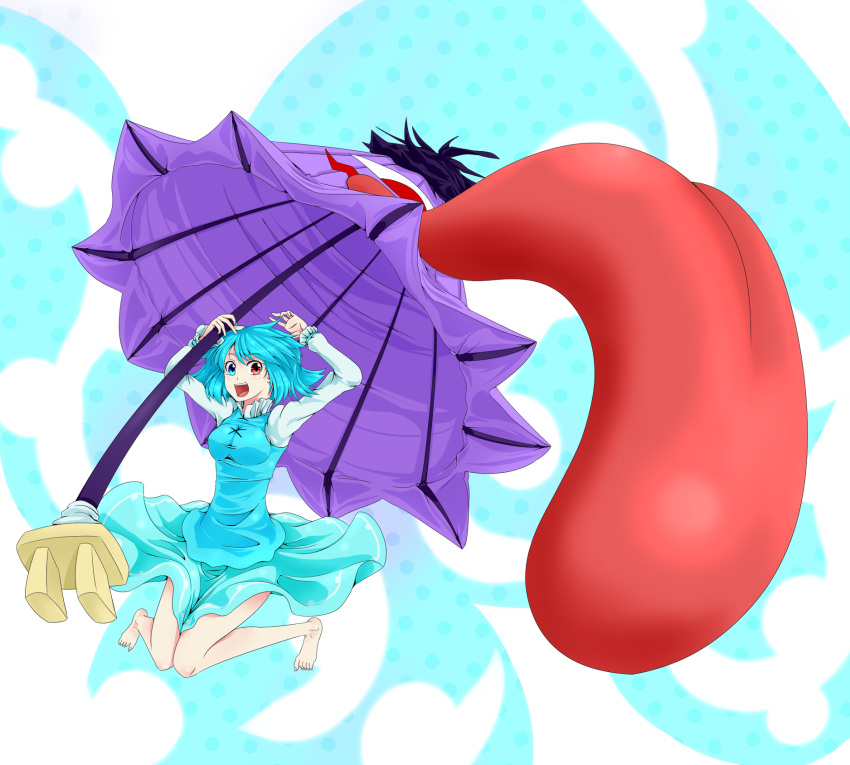 1girl, bare_legs, blue_eyes, blue_hair, heterochromia, highres, karakasa_obake, miiiiiiimu