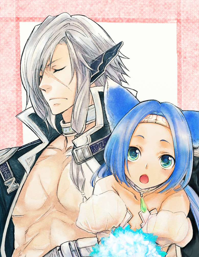 1boy, 1girl, :o, animal_ears, aqua_eyes, arumat_p._thanatos, blue_hair, cat_ears