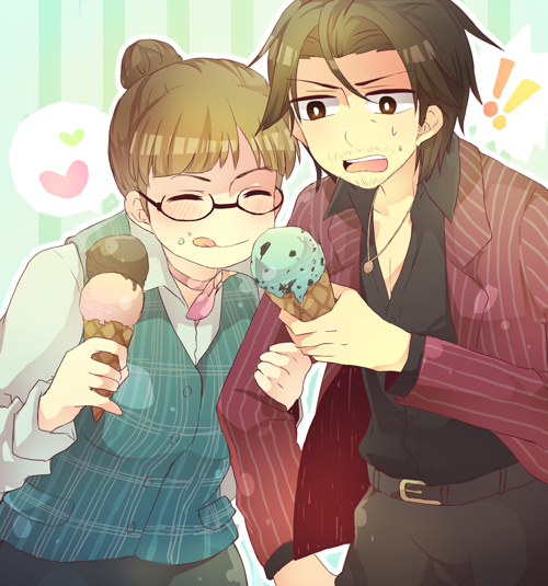 !, 1boy, 1girl, arm_hug, black_hair, blush, breasts, brown_hair