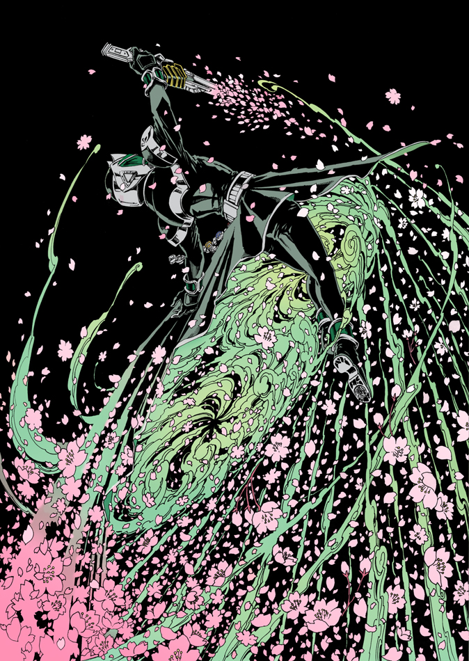 1boy, belt, cherry_blossoms, kamen_rider, kamen_rider_wizard, kamen_rider_wizard_(series), male, mannneri5, mask, petals, solo, sword, tailcoat, weapon, wind