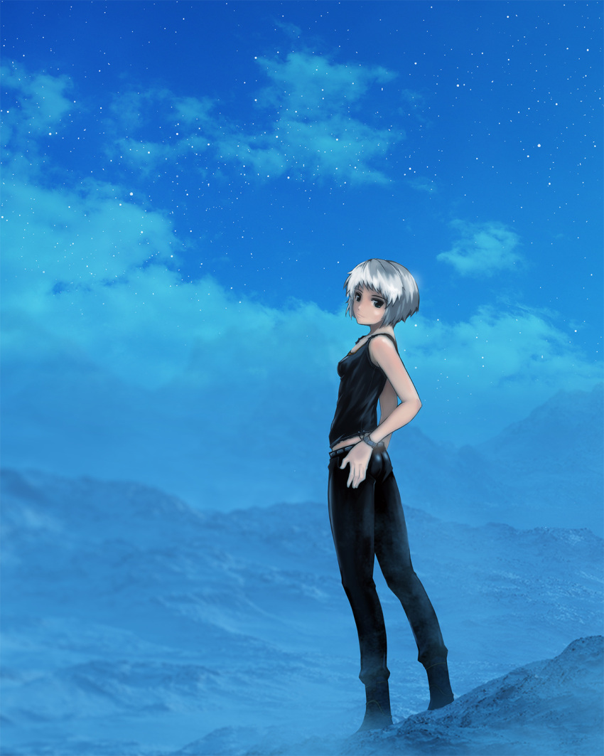 1girl, bare_shoulders, black_eyes, blue, bracelet, clouds, fashion, from_behind