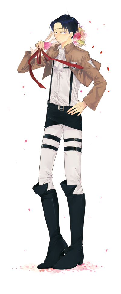 1boy, black_hair, boots, bouquet, flower, rivaille, sh890918, shingeki_no_kyojin, solo, sword, thigh_strap, weapon