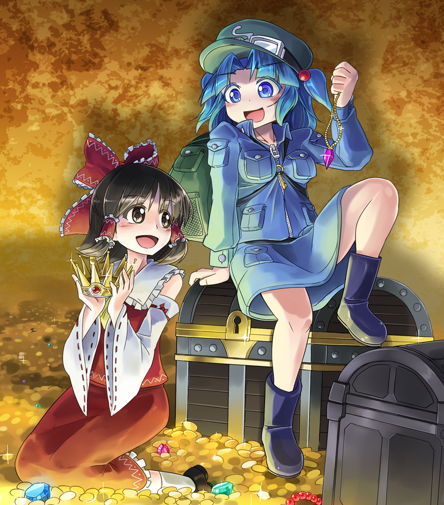 2girls, ascot, backpack, bag, blue_eyes, blue_hair, blush, boots, bow, breasts, brown_eyes, brown_hair, chest, coin, crown, detached_sleeves, gem, gold, hair_bobbles, hair_bow, hair_ornament, hair_tubes, hakurei_reimu, hat, jewelry, kawashiro_nitori, key, memento_vivi, money, multiple_girls, necklace, open_mouth, ribbon, short_hair, skirt, smile, touhou, treasure_chest, twintails