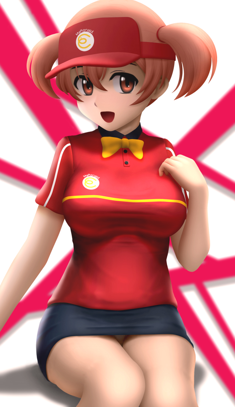1girl, :d, bowtie, breasts, brown_hair, hand_on_own_chest, hataraku_maou-sama!, highres