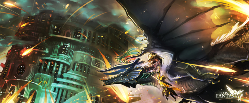 blonde_hair, dragon, flying, green_hair, hat, holding_hands, horns, kamiya_tomohiro