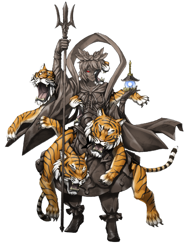 1girl, bishamonten, bishamonten_(megami_tensei), fangs, fusion, jeweled_pagoda, mazeran, open_mouth