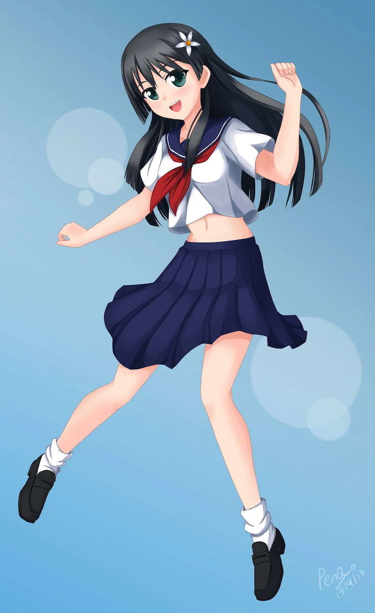1girl, black_hair, flower, green_eyes, hair_flower, hair_ornament, highres, long_hair