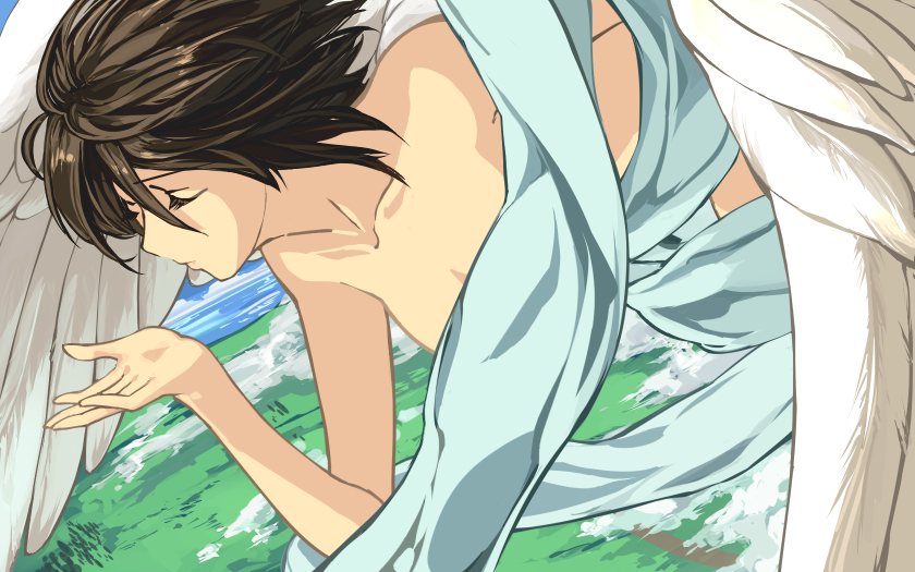 1girl, angel_wings, black_hair, closed_eyes, elona, god, goddess, lulwy_of_wind