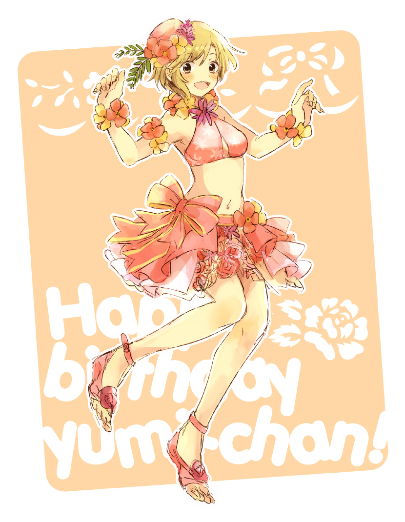 aiba_yumi, blonde_hair, bow, brown_eyes, flower, hair_flower, hair_ornament, idolmaster, idolmaster_cinderella_girls, midriff, mym, navel, sandals, short_hair