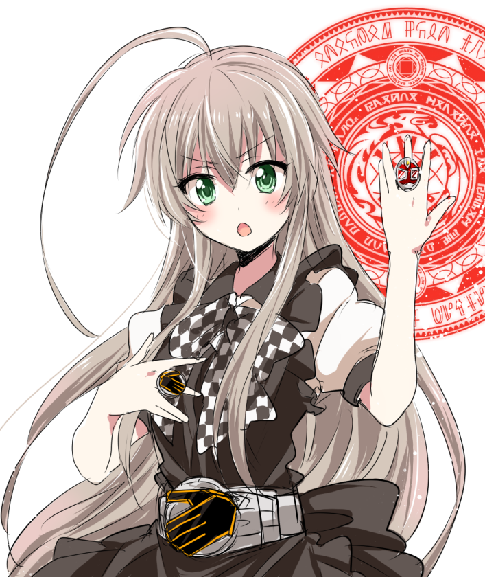 1girl, apron, belt, charlie_(earlychang), female, green_eyes, haiyore!_nyaruko-san, jewelry, kamen_rider, kamen_rider_wizard, kamen_rider_wizard_(series), long_hair, magic_circle, nyarlathotep_(nyaruko-san), parody, ring, silver_hair, solo