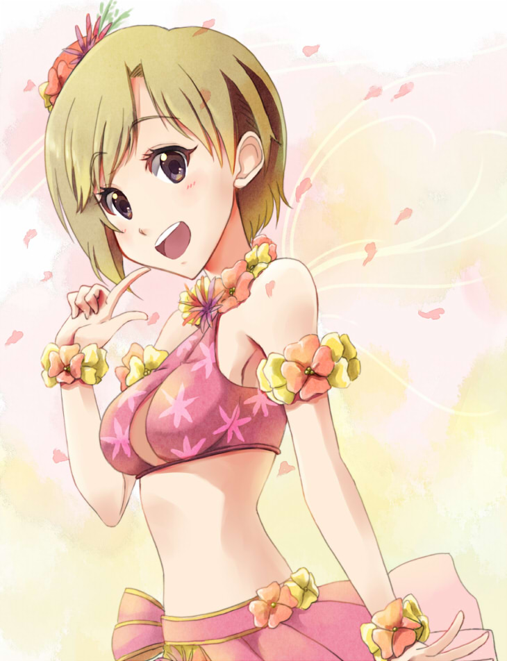 aiba_yumi, bare_shoulders, blonde_hair, brown_eyes, flower, hair_flower, hair_ornament, hoshi_sukii