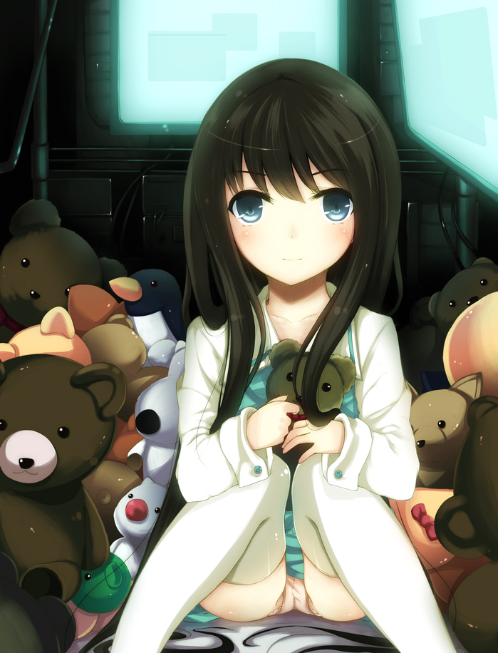blue_eyes, blush, computer, kami-sama_no_memo-chou, kamisama_no_memo_chou, loli, long_hair, moccy, monitor, panties, pantyshot, shionji_yuuko, sitting, smile, solo, stuffed_animal, stuffed_toy, teddy_bear, thigh-highs, thighhighs, underwear