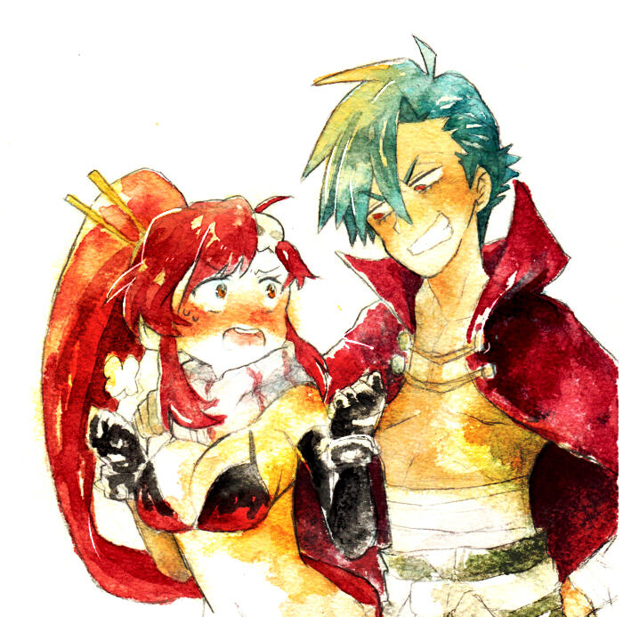 1boy, 1girl, bikini_top, blue_hair, blush, breasts, cleavage, grin, kamina, momiji_(lucario), ooc, open_mouth, out_of_character, ponytail, red_hair, redhead, scarf, shirtless, smile, tengen_toppa_gurren_lagann, traditional_media, watercolor_(medium), yoko_littner, you_gonna_get_raped