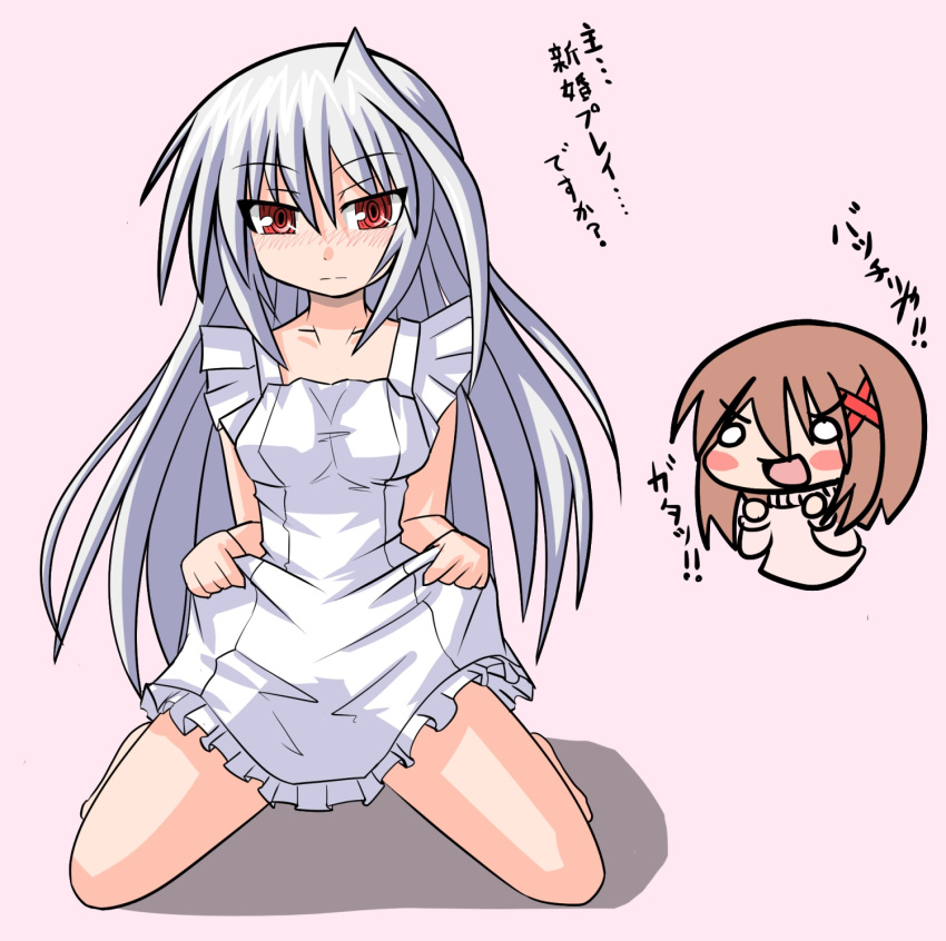 2girls, apron, asuka_tsubasa, blush, blush_stickers, chibi, hair_ornament, highres