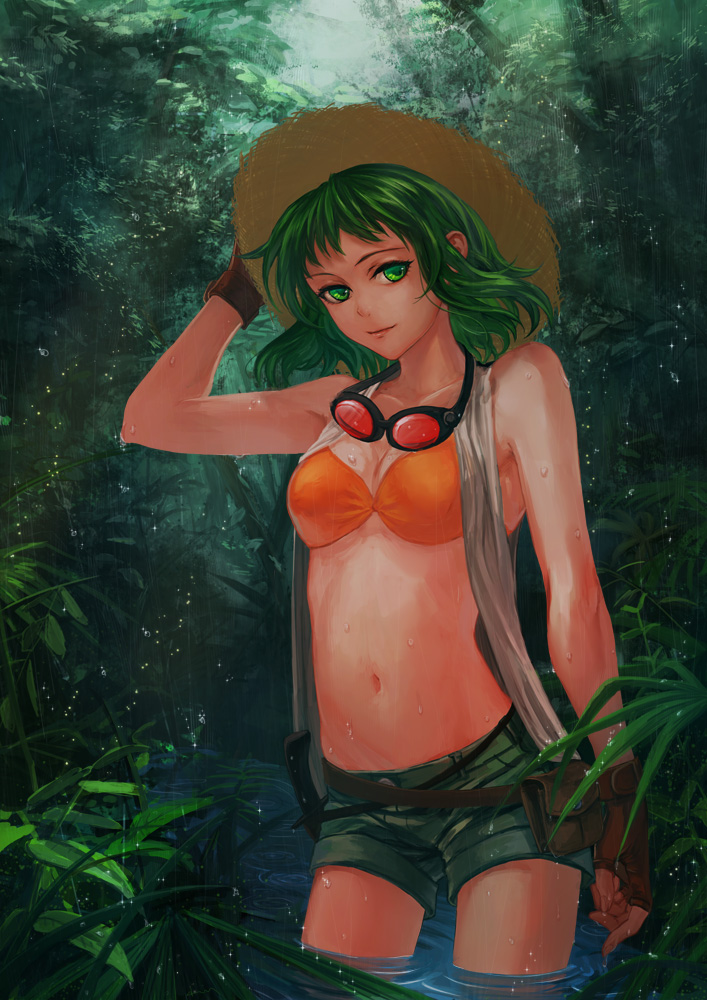 1girl, bikini_top, fingerless_gloves, gloves, goggles, green_eyes, green_hair, gumi