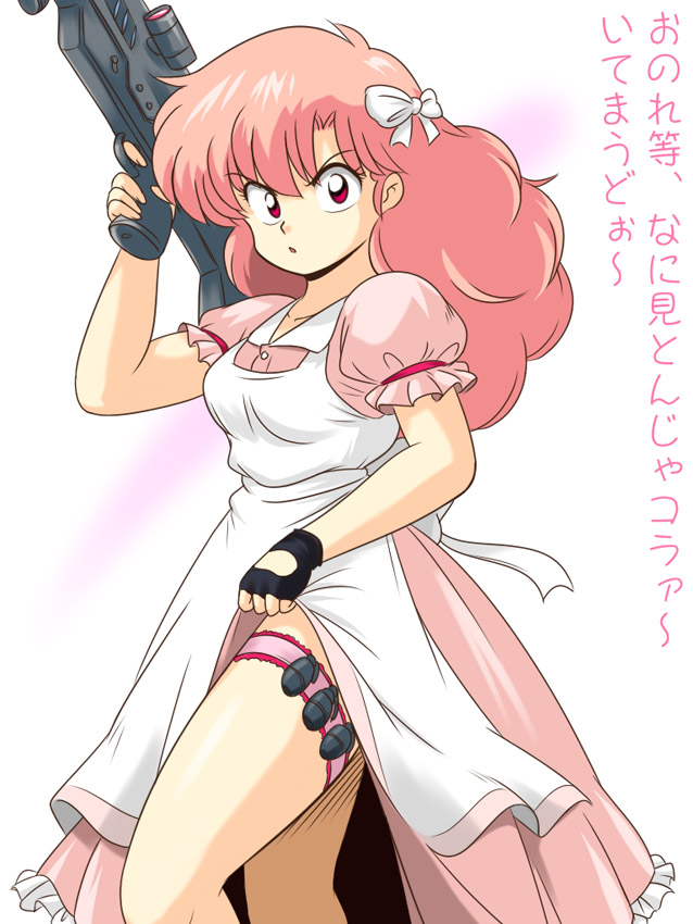 apron, bow, dress, explosive, grenade, gun, hair_bow, kj_(artist)