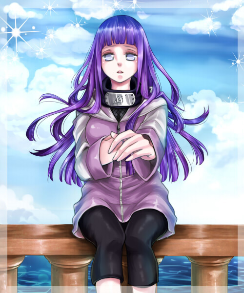 1girl, aoi-mitsubachi, hyuuga_hinata, jacket, konohagakure_symbol, long_hair, naruto, pants, purple_hair, solo, sparkle, white_eyes