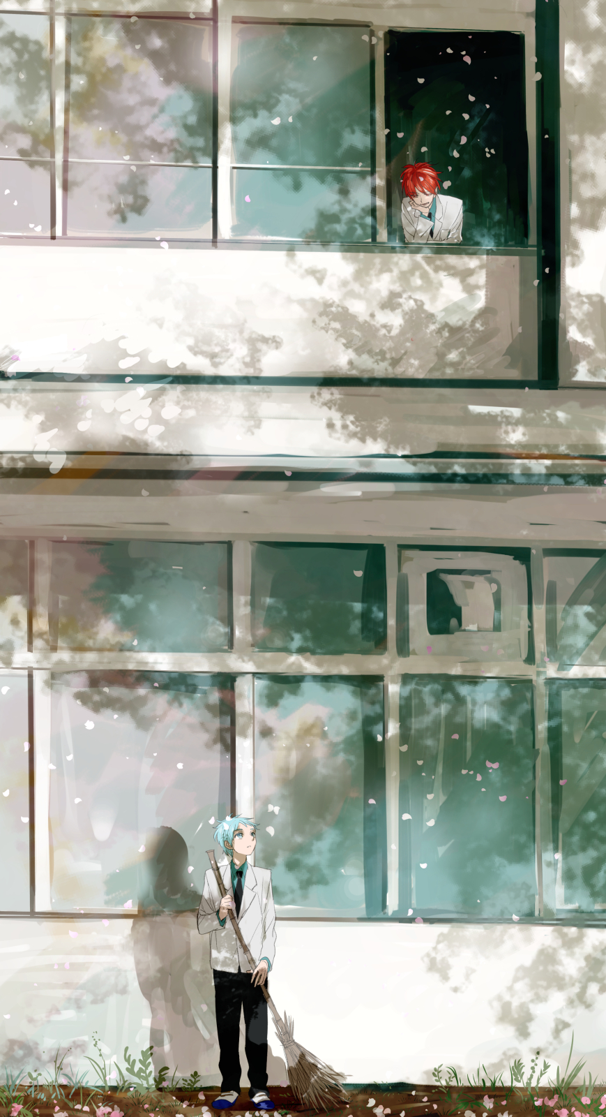 2boys, akashi_seijuurou, blue_eyes, blue_hair, broom, highres, kuroko_no_basuke, kuroko_tetsuya, multiple_boys, petals, red_eyes, redhead, school_uniform, short_hair, yukinko_toketa