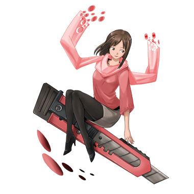 1girl, boxcutter, brown_hair, high_heels, lowres, oversized_object, pantyhose, scarf, shoes, solo, yamanashi_shuntarou