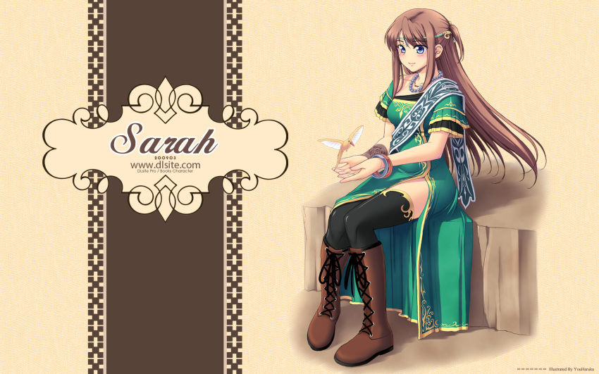 1girl, artist_name, bird, black_legwear, blue_eyes, blush, boots, brown_hair, character_name, cross-laced_footwear, dlsite.com, dress, highres, hummingbird, jewelry, lace-up_boots, necklace, sarah_(you_haruka), sitting, solo, thigh-highs, wallpaper, you_haruka