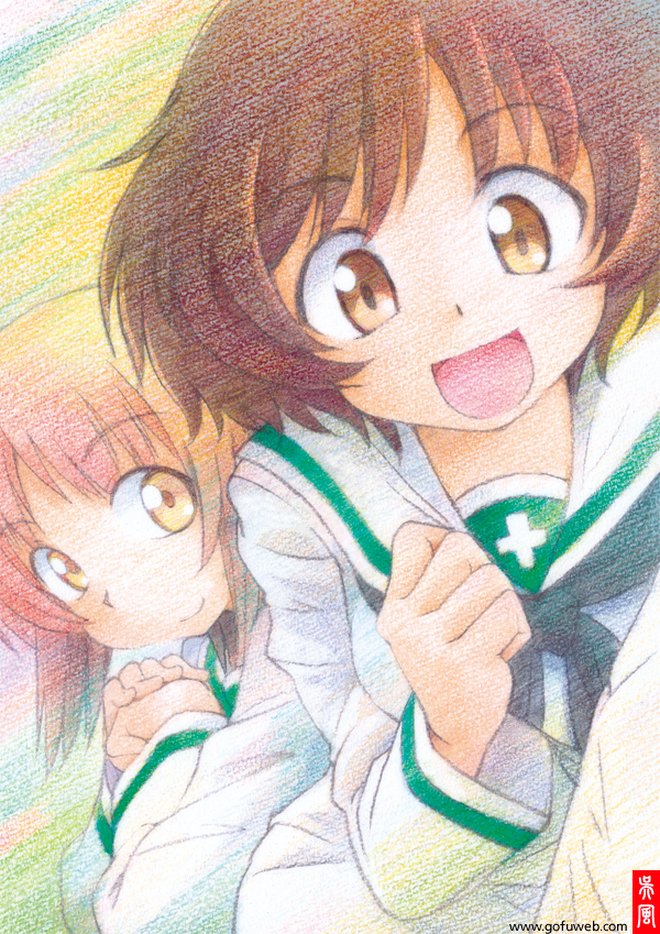akiyama_yukari, blush, brown_eyes, brown_hair, girls_und_panzer, gofu, long_sleeves, multiple_girls