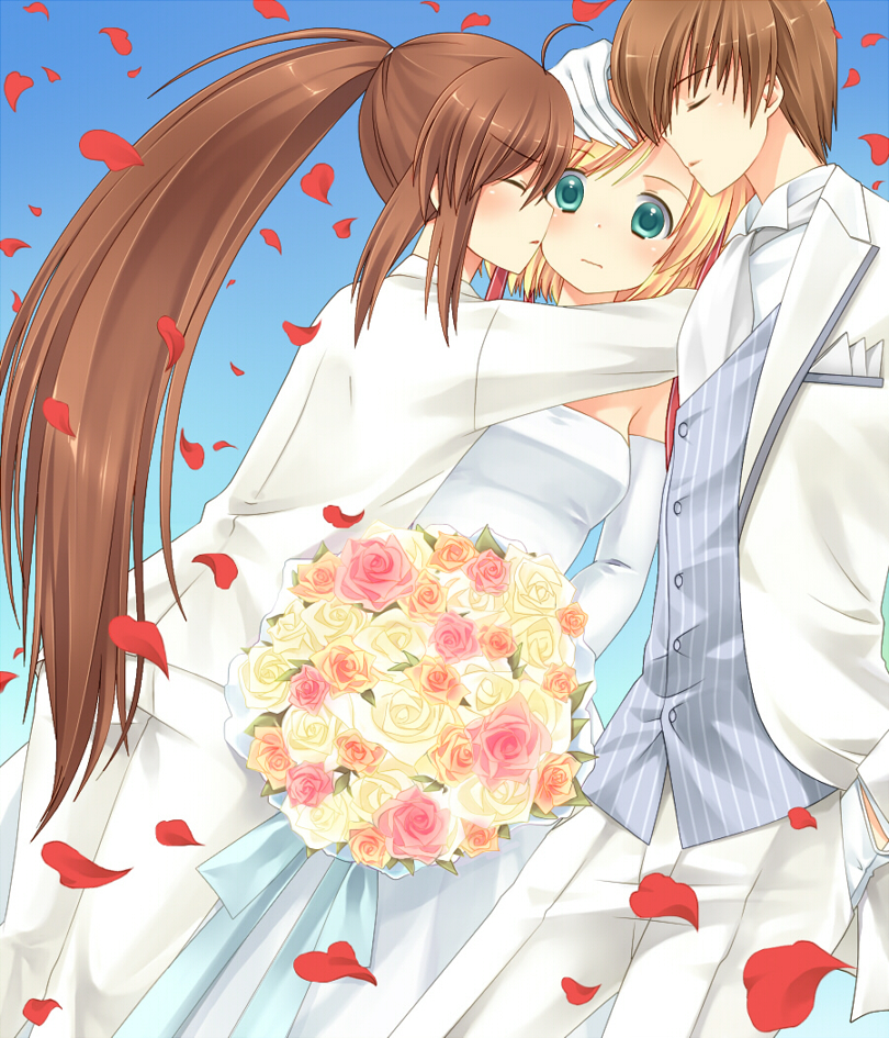 1boy, 2girls, blonde_hair, bouquet, brown_hair, closed_eyes, dress, flower