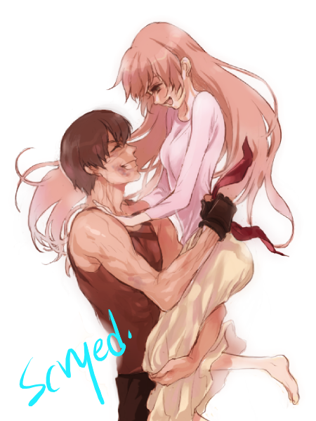 1boy, 1girl, barefoot, blush, brown_hair, bruise, carrying, closed_eyes, couple, gloves, happy, hetero, hika, hug, injury, kazuma_(scryed), long_hair, scryed, smile, yuuta_kanami