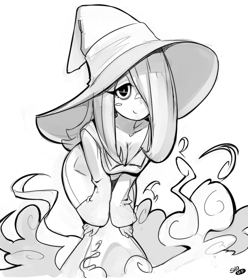 1girl, breasts, cleavage, down_blouse, hair_over_one_eye, hands_on_knees, hat, large_breasts