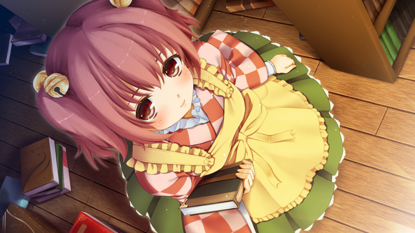 1girl, apron, bell, book, from_above, ging_(tokushima), hair_bell, hair_ornament, motoori_kosuzu, pink_eyes, pink_hair, solo, touhou, twintails