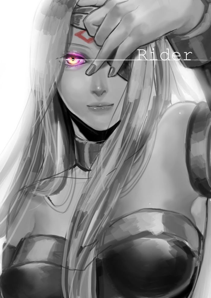 1girl, awa_suna, breasts, facial_mark, fate/stay_night, fate_(series), forehead_mark, glowing, glowing_eyes, long_hair, rider, solo, spot_color, violet_eyes